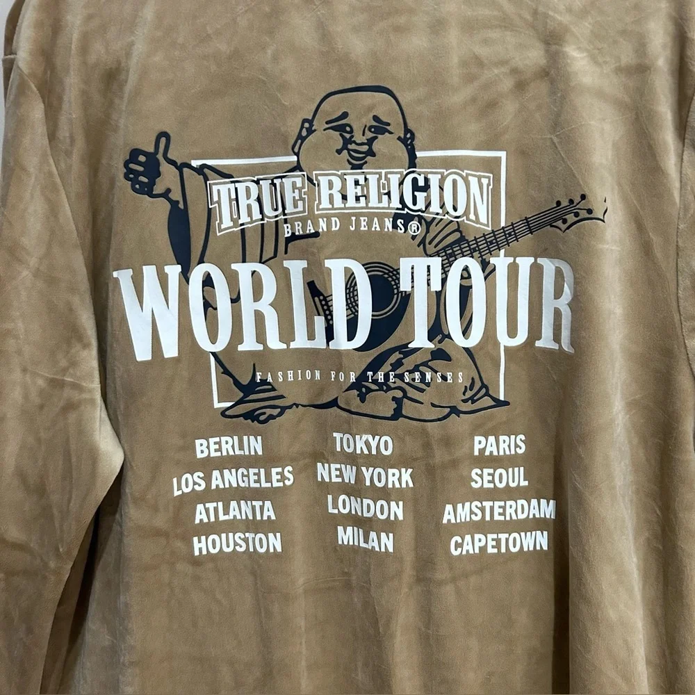 True Religion Tour Velour Track Jacket Men's L Tan Travertine Full Zip NWT